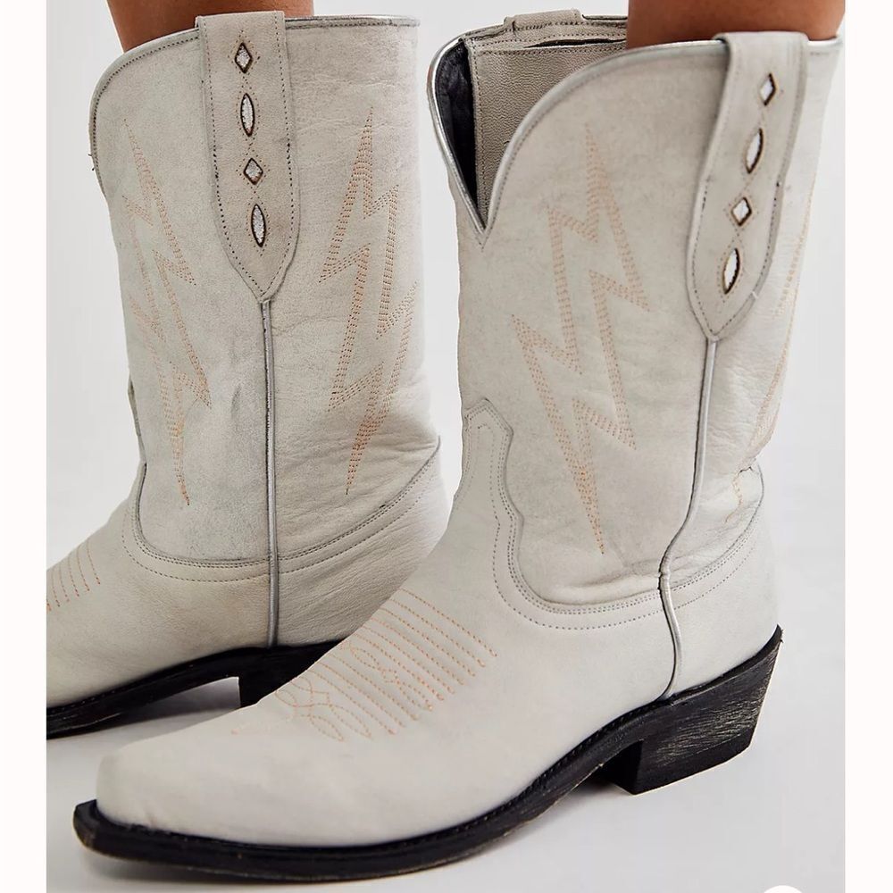 Free People x Mexicana Lightening Strikes Western Cowboy Boots White Leather US8